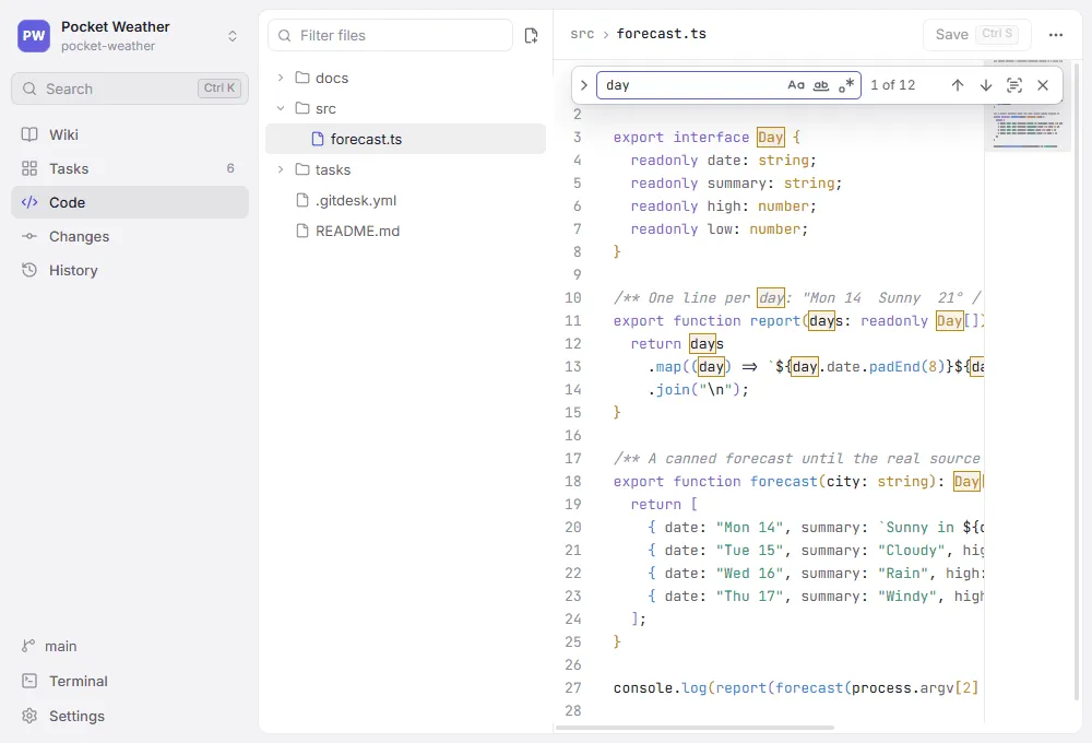 Find in the editor, with every match of "day" highlighted
