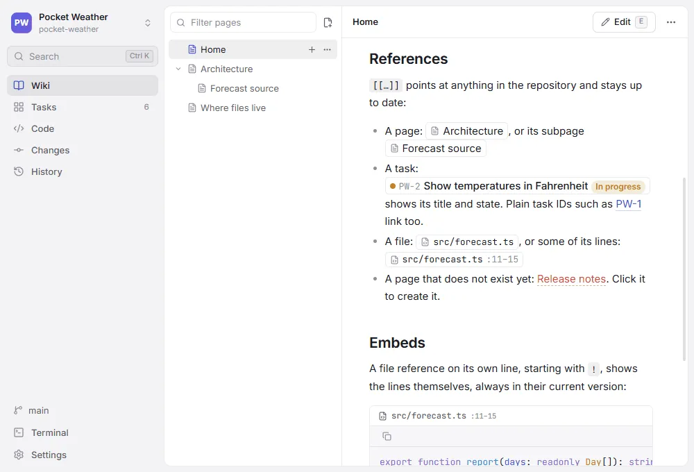 Genbeya's wiki: a page with references to pages, a task with its status, and files